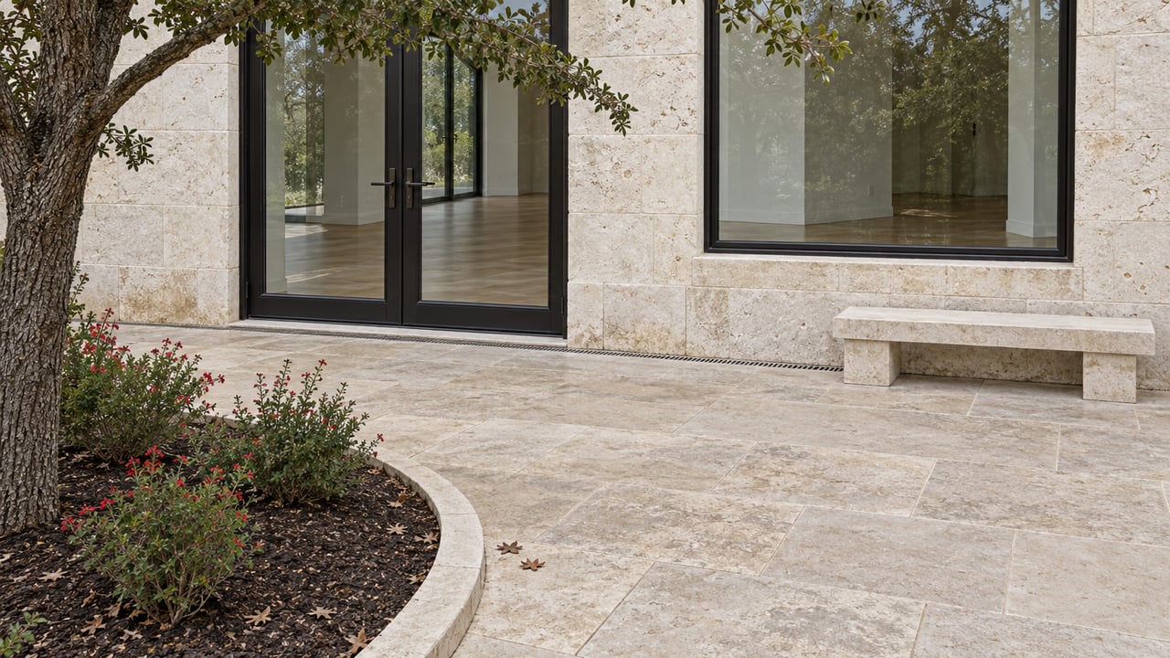 Pale limestone home with tall dark-framed glass doors and window overlooking a stone terrace beside a live oak and flowering sage.