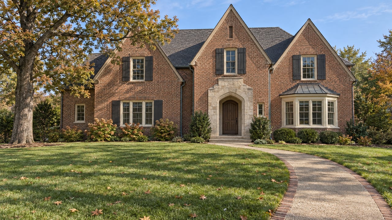 Brick-and-limestone home with steep gables, a curved concrete walk, deep green lawn, and a mature oak beginning to turn bronze.