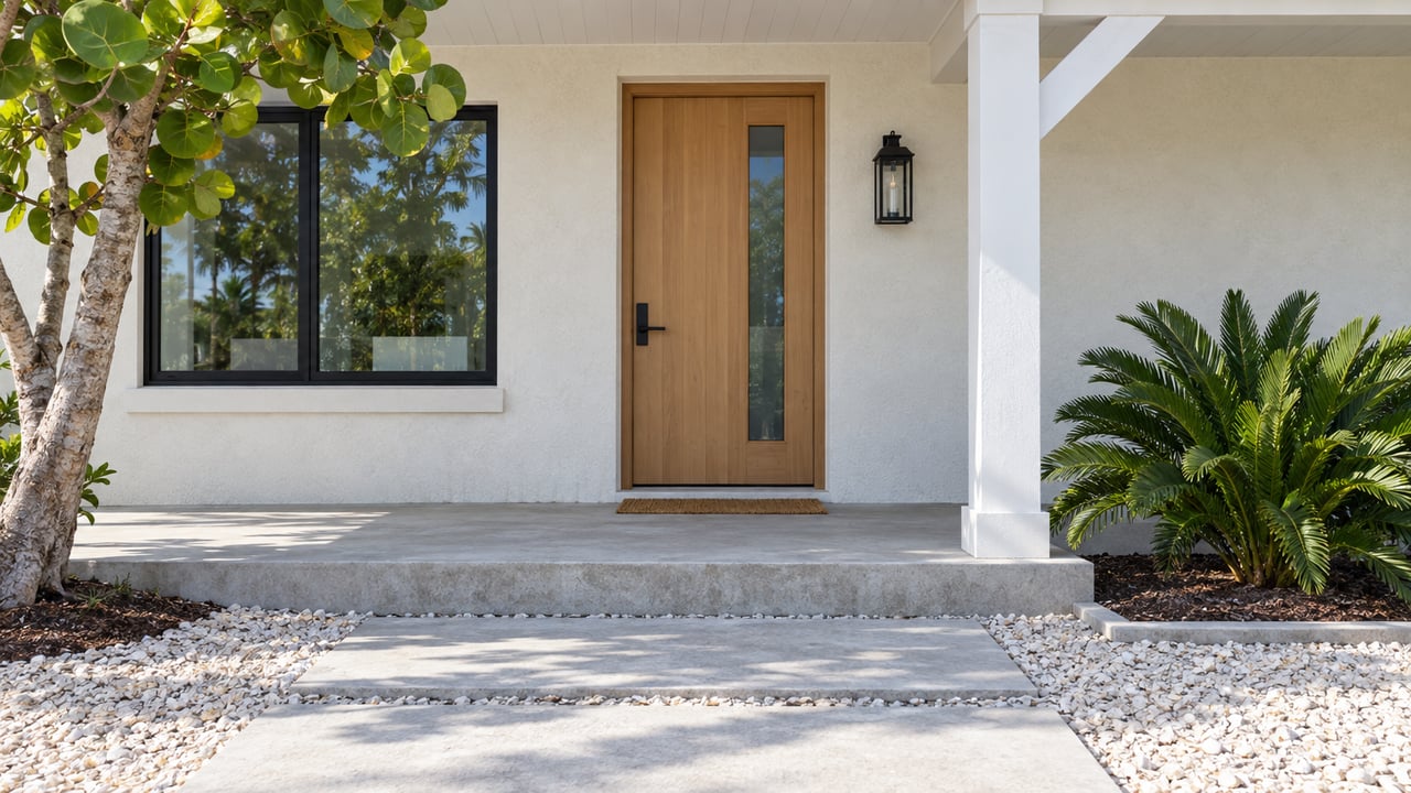 Home entry with a tall wooden door, black-framed window, and tropical landscaping beside the walkway.