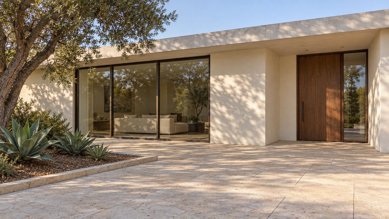 Cream stucco home with bronze-framed glazing, a walnut entry door and pale limestone arrival court shaded by a mature live oak.