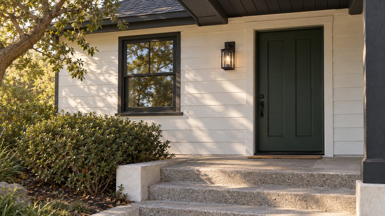 White-sided home entrance with a dark green door, concrete steps, and oak leaves casting dappled light.