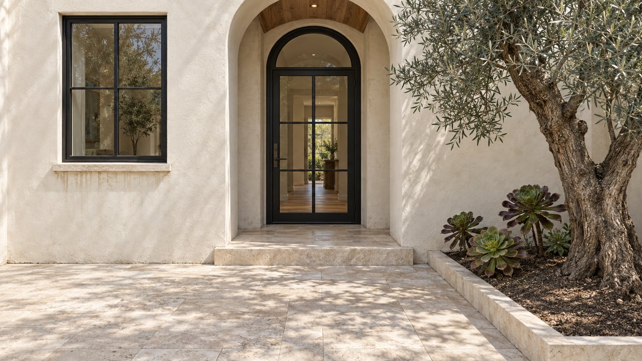 Cream stucco home entrance with an arched black steel glazed door, limestone paving, and a sculptural olive tree in a raised planting bed.