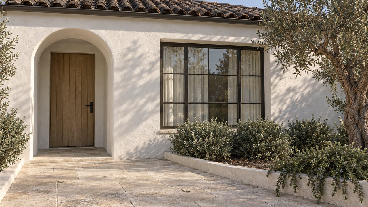 White stucco cottage with arched oak entry, bronze-framed window, olive tree, and limestone approach.