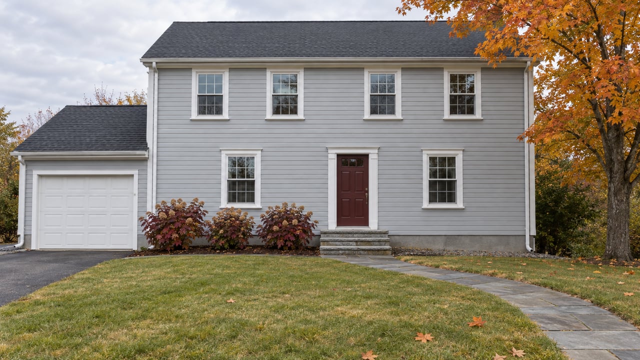 Gray clapboard house with an oxblood front door, granite steps, a curved bluestone walk and an autumn maple beside a deep lawn.