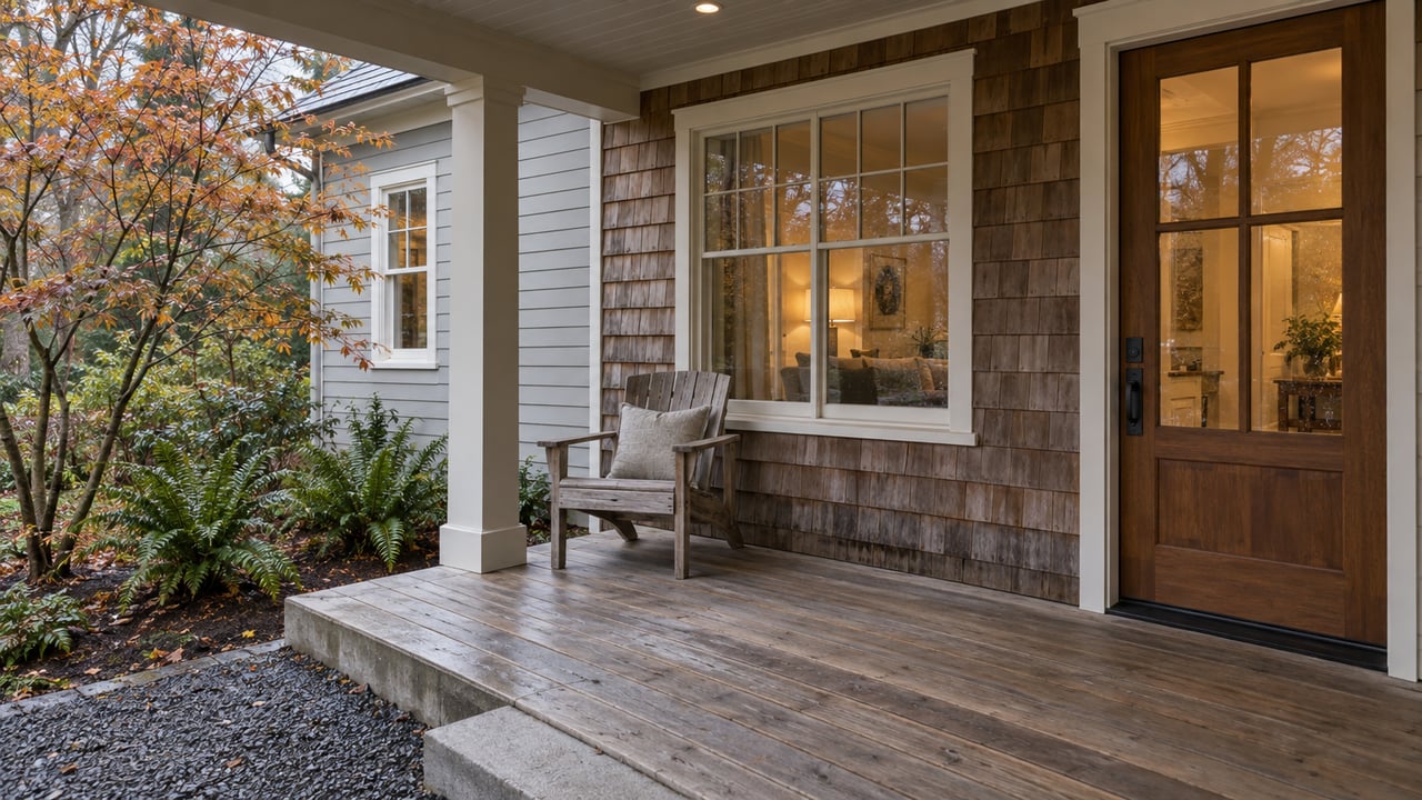 A sheltered cedar porch with a glazed wood entry, weathered teak chair, and an autumn vine maple beside a gravel path.