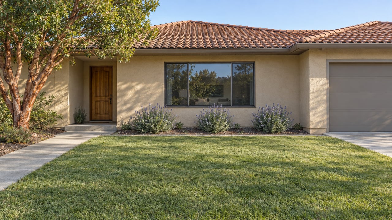 Single-story sand-stucco home with a terracotta roof, deep front lawn, and a shaded recessed entry.