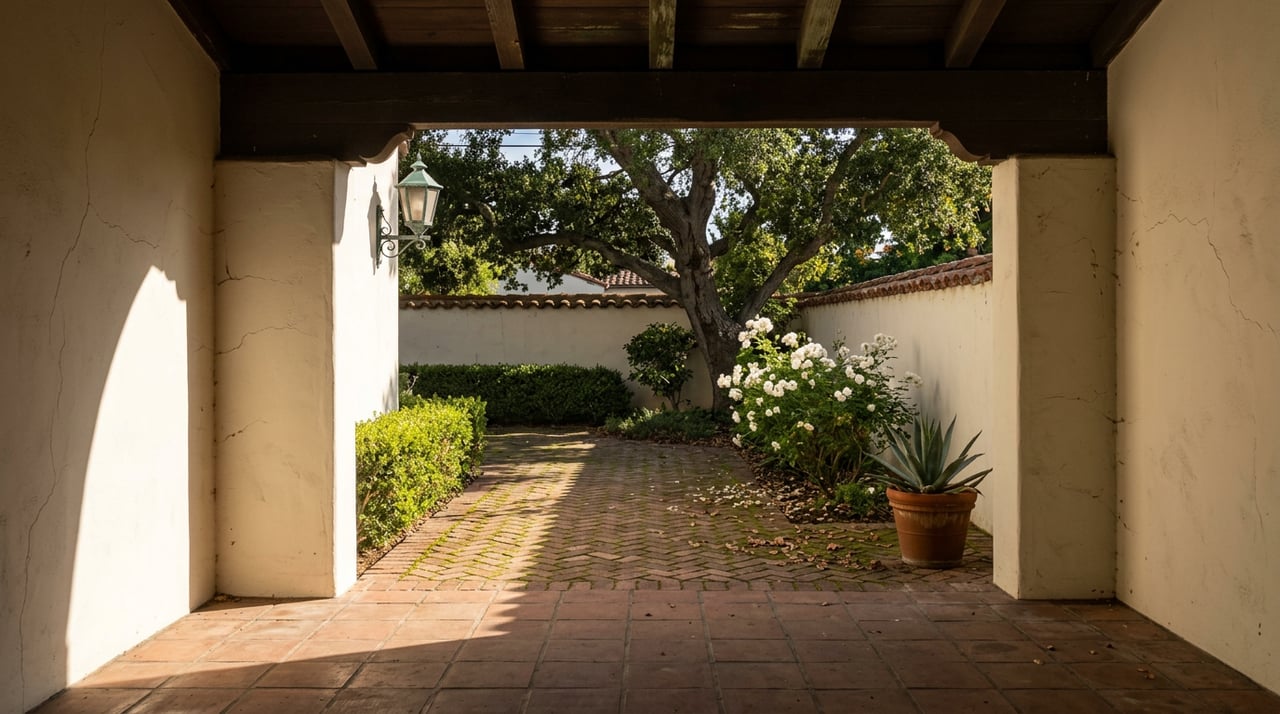 A brick garden path crosses an arched loggia’s shadow toward a mature oak, white roses, and a stucco wall.