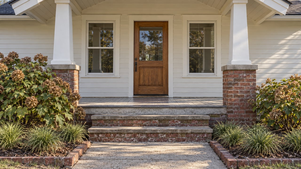 White clapboard bungalow entry with an oak door, paired windows, brick porch piers and oakleaf hydrangeas beside concrete steps.