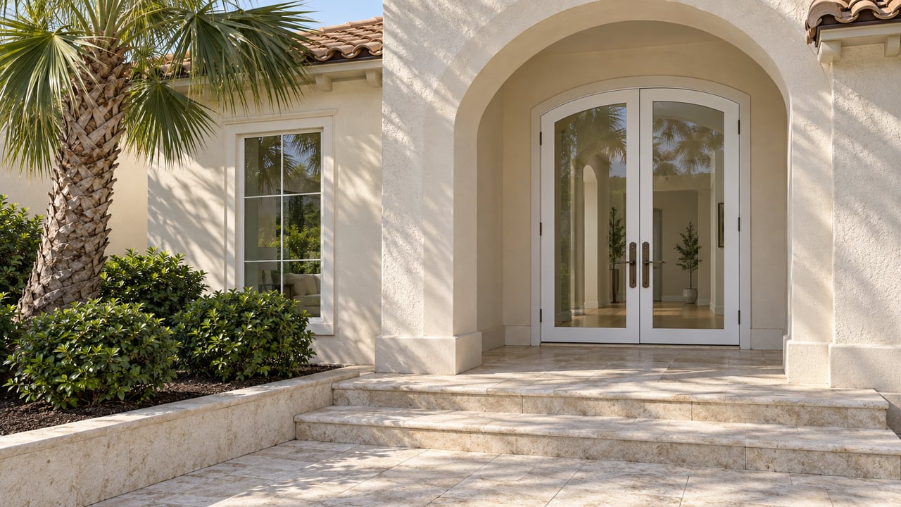 Sunlit cream stucco home entrance with arched glazed doors, limestone steps and a sculptural palm.