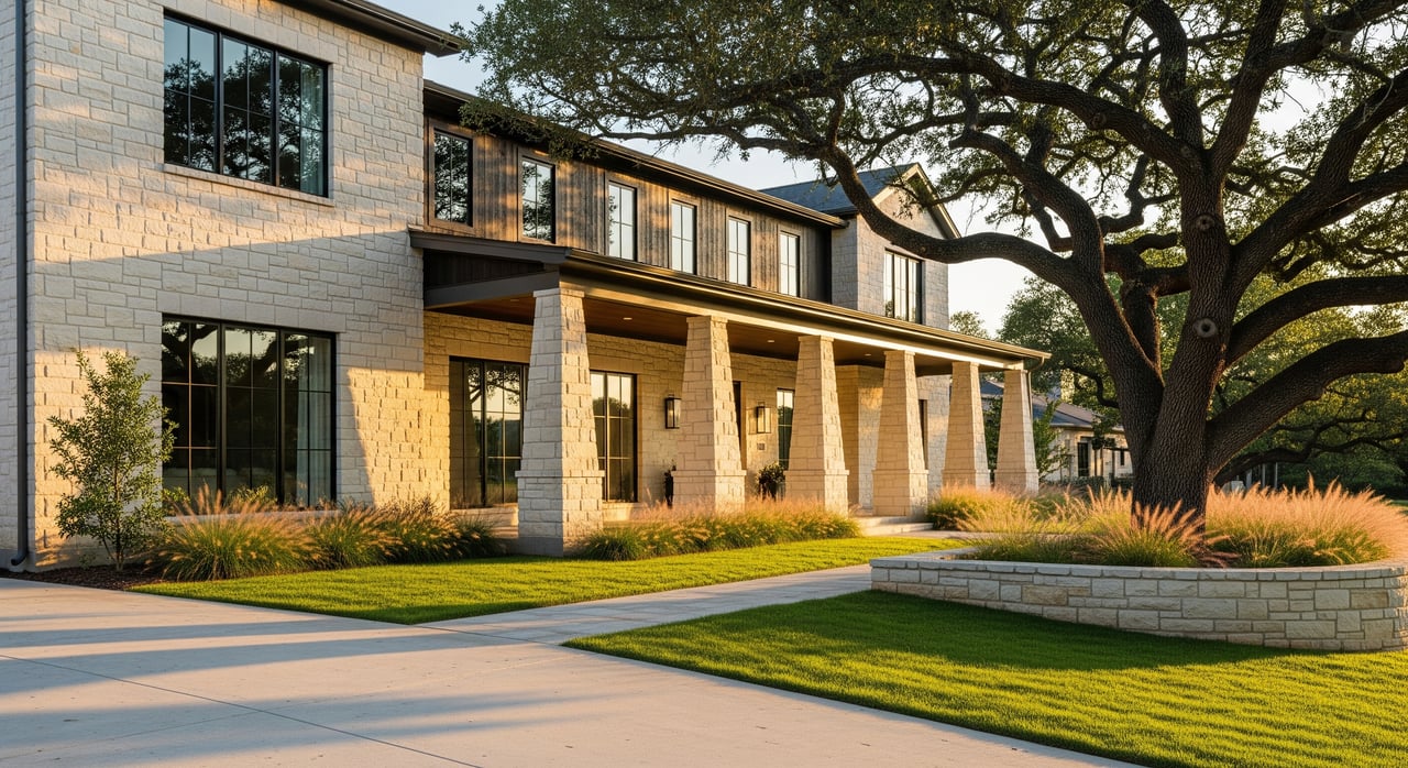 Modern two-story stone building with a long columned porch beneath a sprawling oak tree.