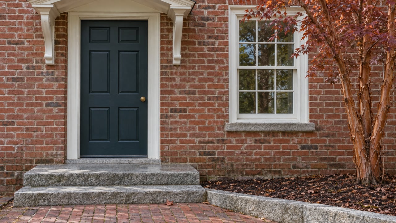 Red brick home entrance with a blue-green door, white wood trim, granite steps and a copper-leaved paperbark maple.