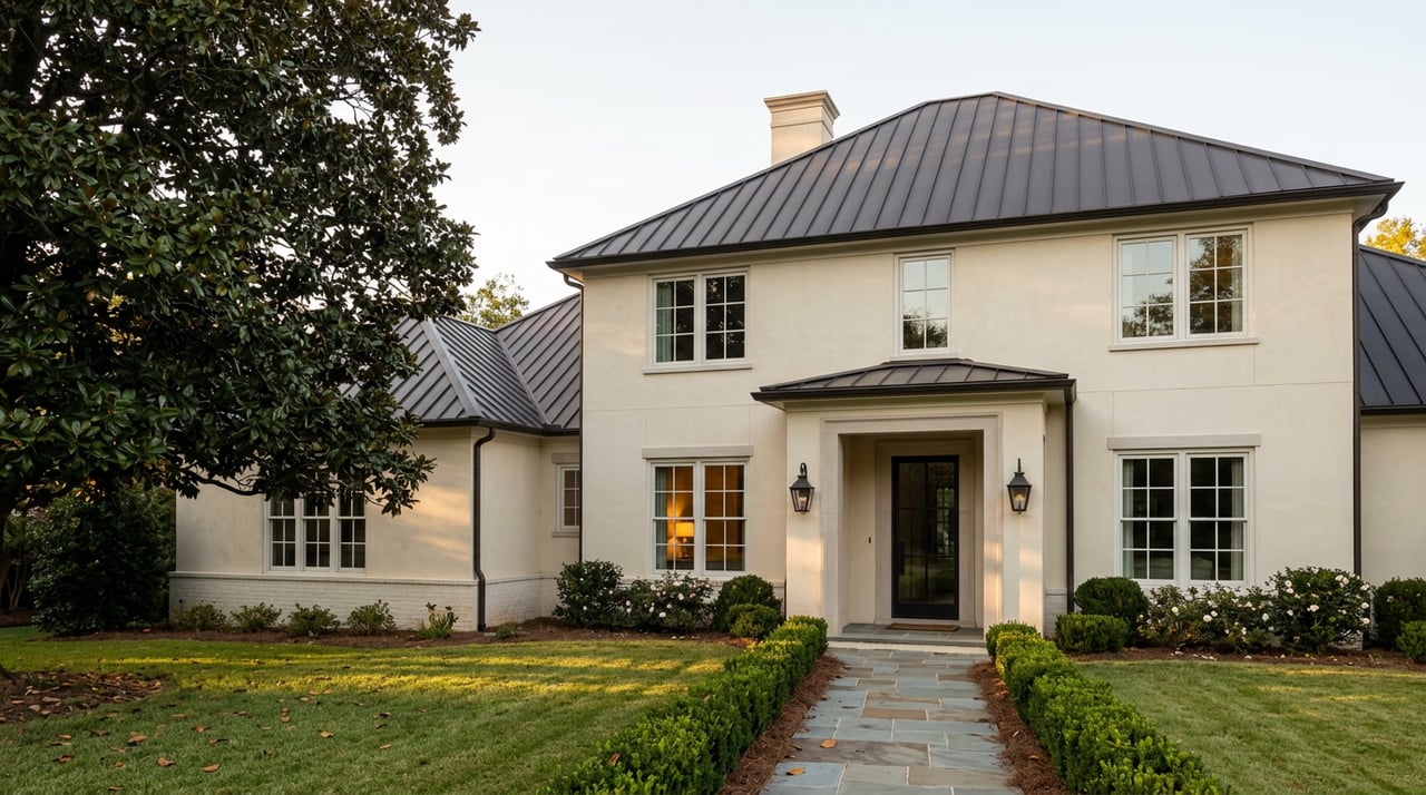 Two-story ivory stucco home with dark metal gable roof, covered entry, magnolia tree, and boxwood-lined walkway.
