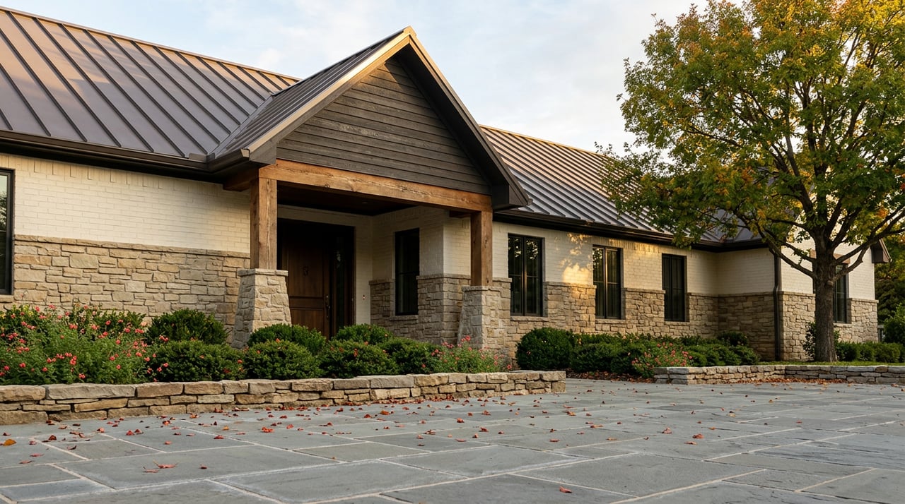 Single-story stone-and-brick home with a cedar-beam portico, dark metal roof, and mature tree beside the facade.