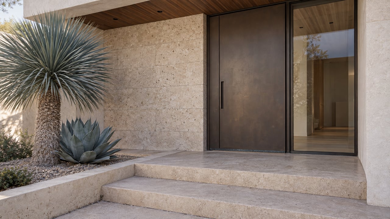 Hillside home’s bronze pivot door beside a glazed sidelight, limestone wall, stone steps, yucca, and agave.