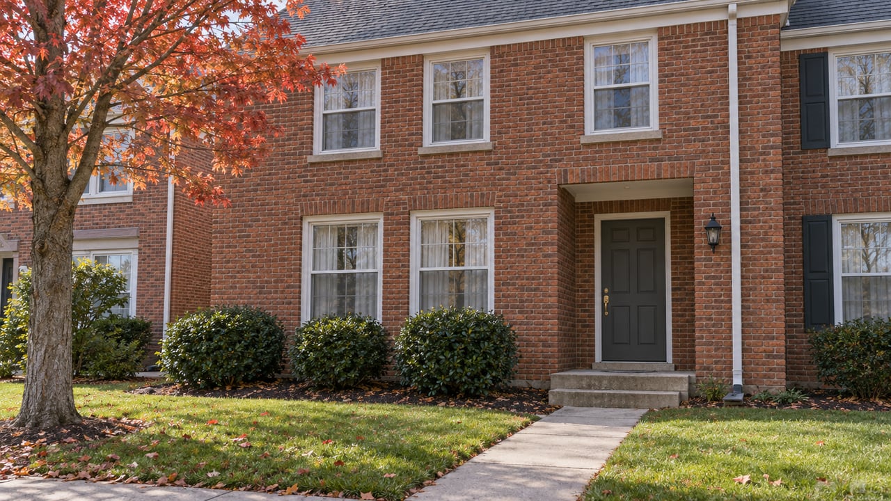 Red brick attached home with white-trimmed windows, charcoal entry door, small lawn and autumn maple beside a concrete approach.