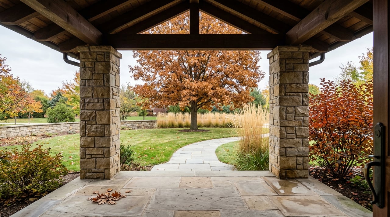 Stone-and-timber porch frames a russet-gold oak, lawn, front walk, and low stone wall.