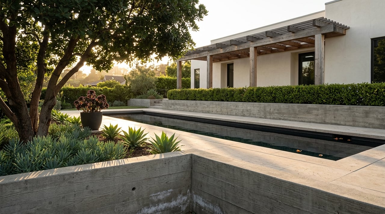 Terraced pool courtyard with dark water, concrete retaining walls, cedar pergola, and sculpted Arbutus tree.