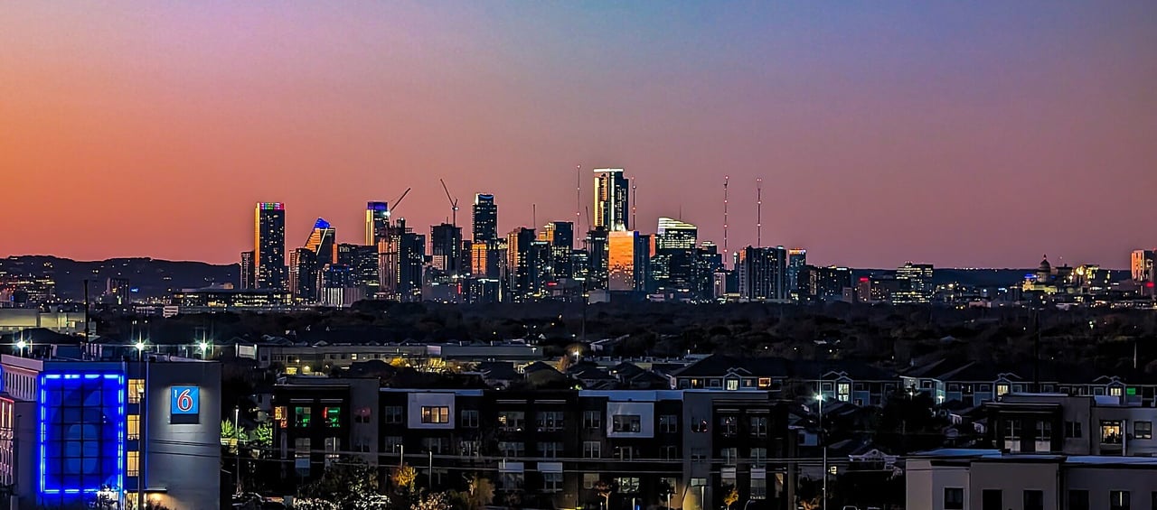 Downtown Austin, Texas skyline at sunset seen from the east