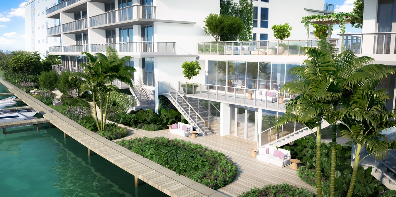 Rendering of dockside building exterior at La Baia South in Bay Harbor Islands.