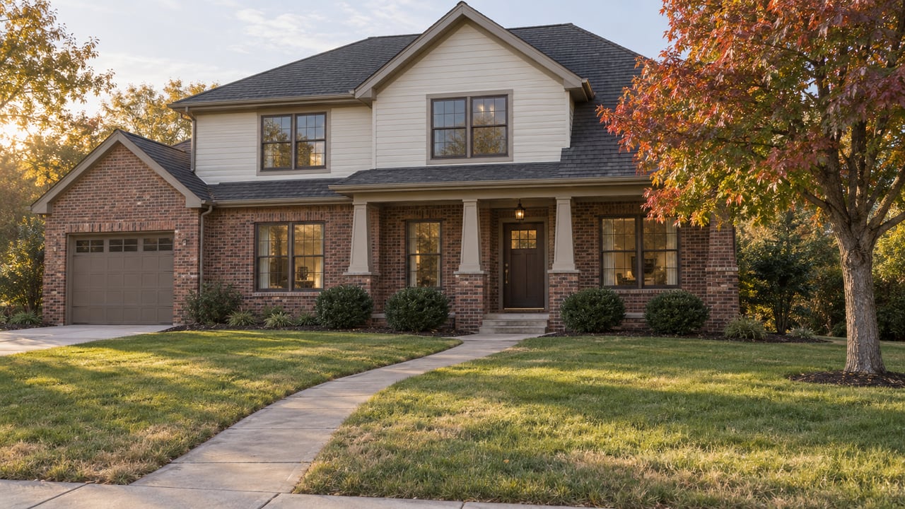 Two-story brick and ivory-sided house with a curved concrete walk and a copper-red tree in the lawn.