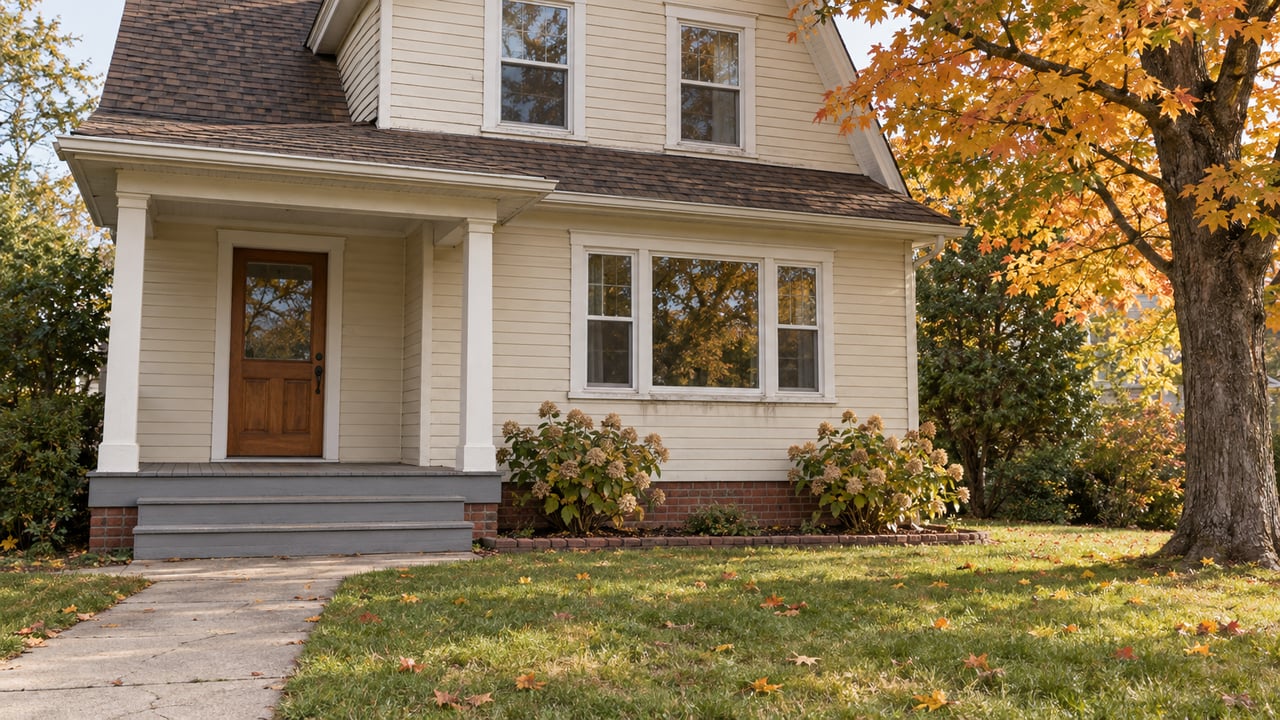 Cream lap-sided home with a covered porch, deep autumn lawn and an orange-leaved sugar maple.