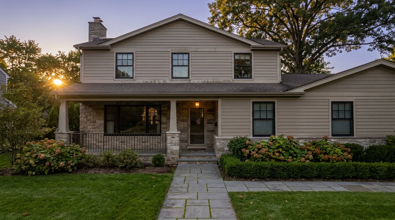 Two-story greige home with stone porch piers, a paver walkway, and a mature tree in warm dusk light.