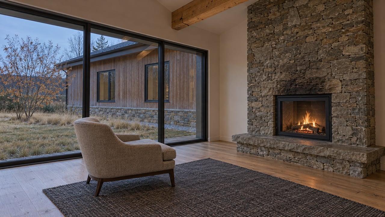 Timber-ceiling living room with a stone fireplace, wool chair and closed windows overlooking an autumn lawn and cedar-clad wing.