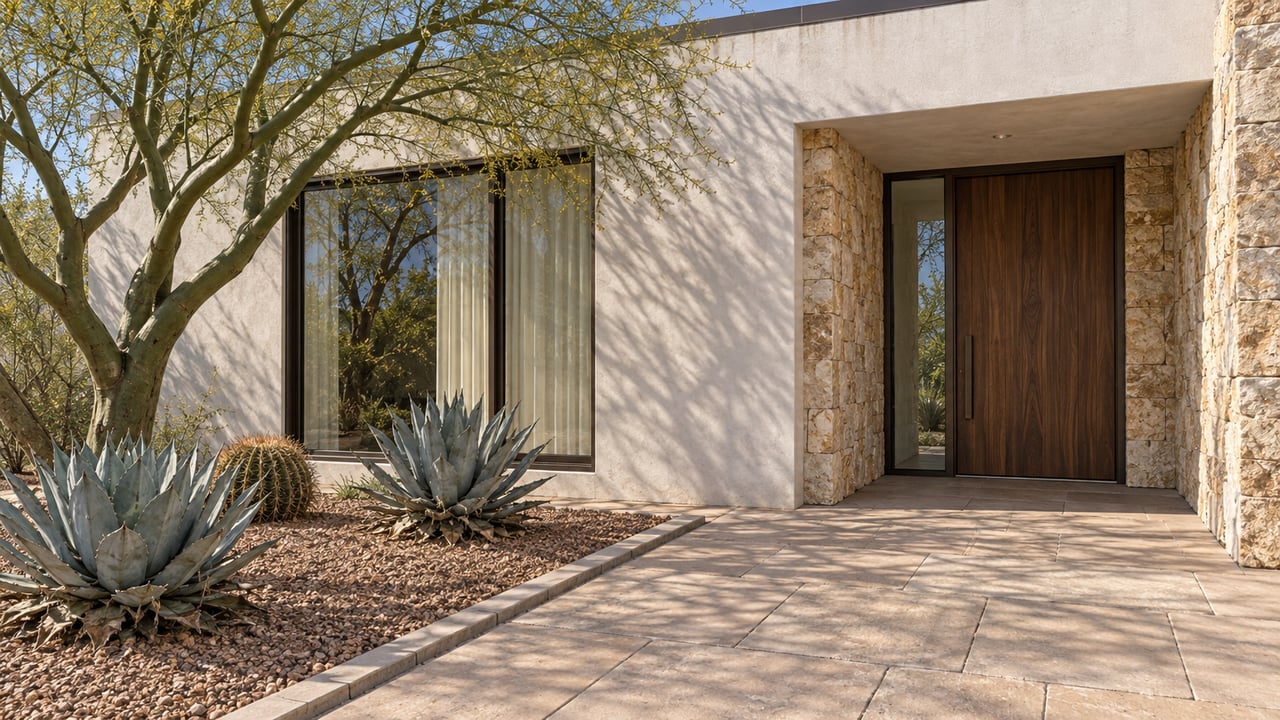 Sunlit stucco and limestone home entry beside a sculptural green-trunk tree, blue-gray agaves and a barrel cactus.
