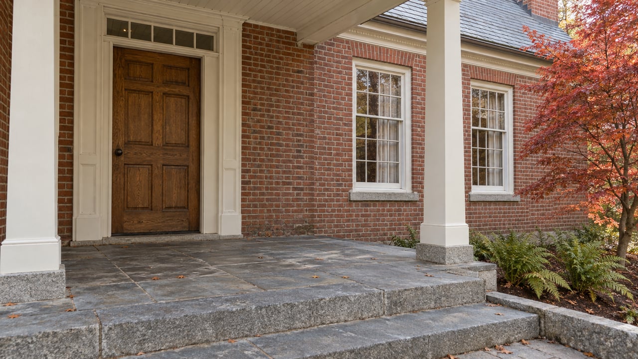 Covered brick entry with an oak door, white-painted columns, bluestone steps and copper-red Japanese maple foliage.