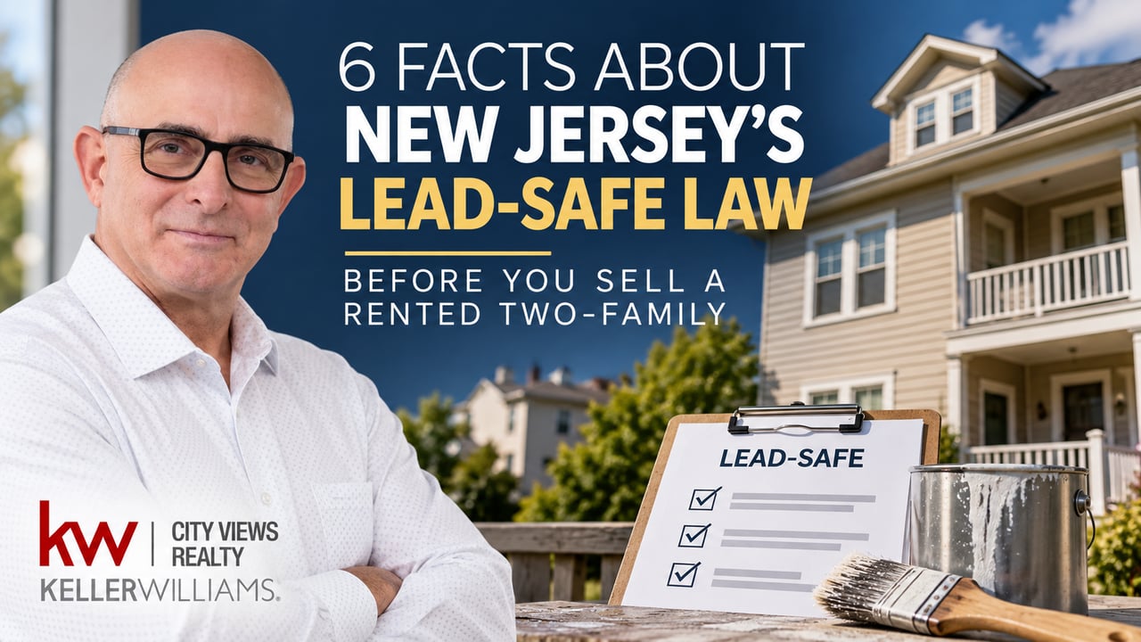 Graphic about New Jersey’s lead-safe law for rented two-family homes, with a house and lead-safe checklist.