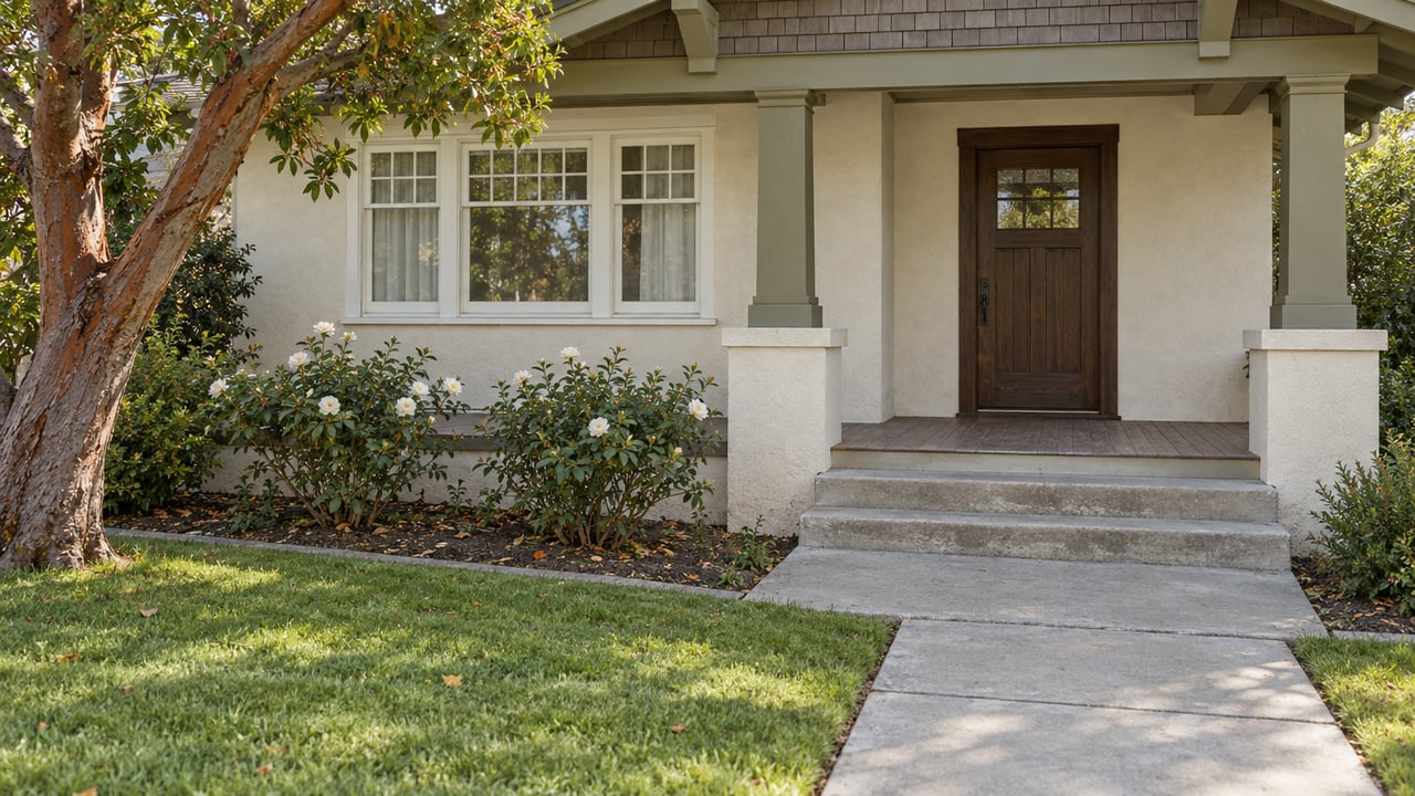 An ivory stucco bungalow entry with an olive-painted porch, weathered shingle roof, and a concrete walk beside lawn and white roses.