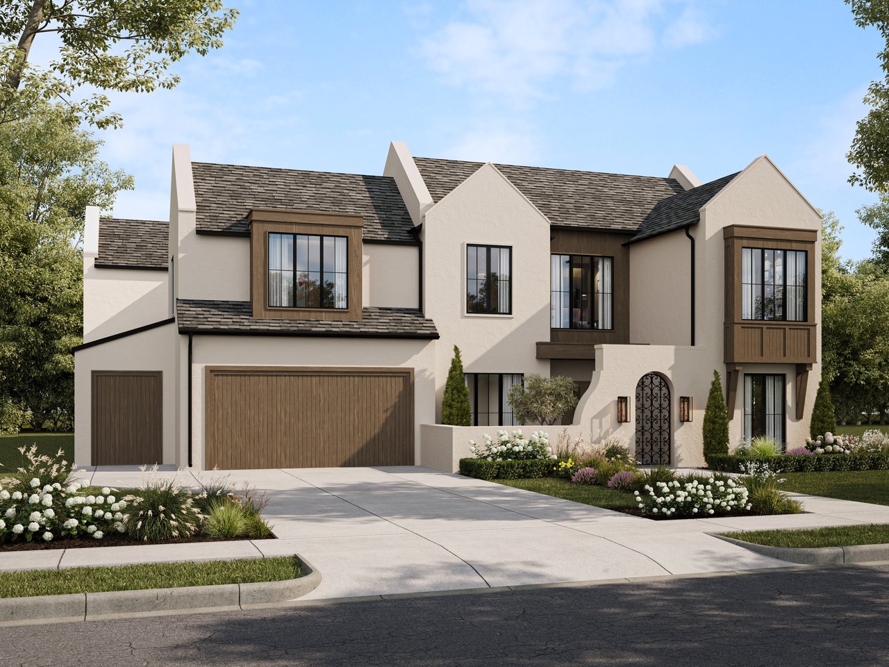 Two-story stucco home with dark gabled roofs, wood-trimmed windows, a double garage, and landscaped gardens.