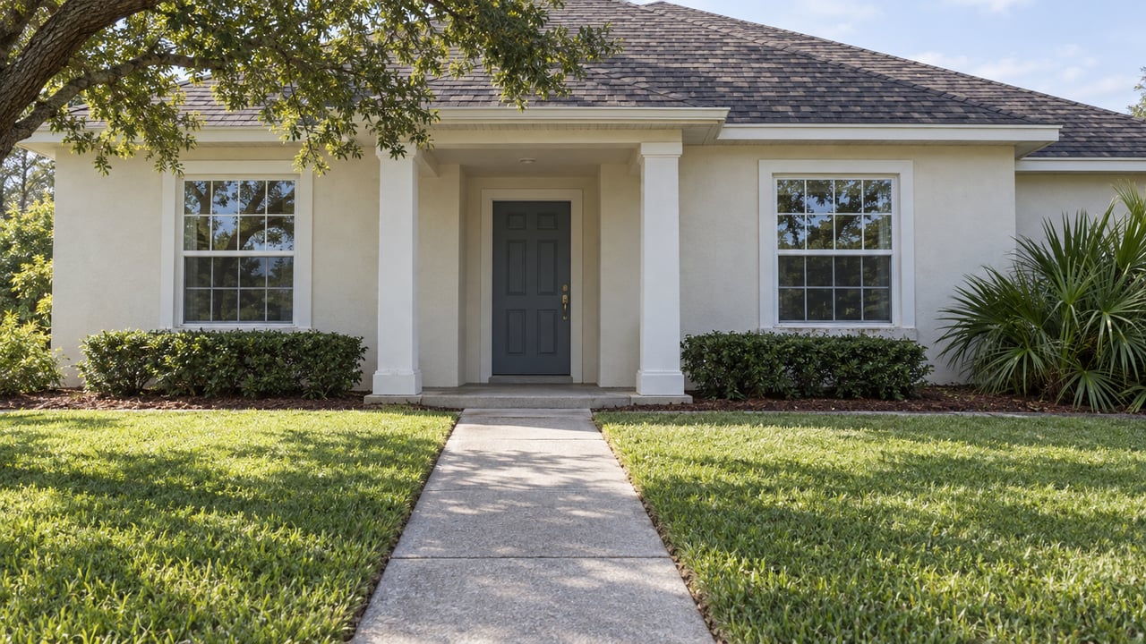 Ivory stucco house with a blue-gray front door, white-trimmed windows, deep lawn, and oak canopy.