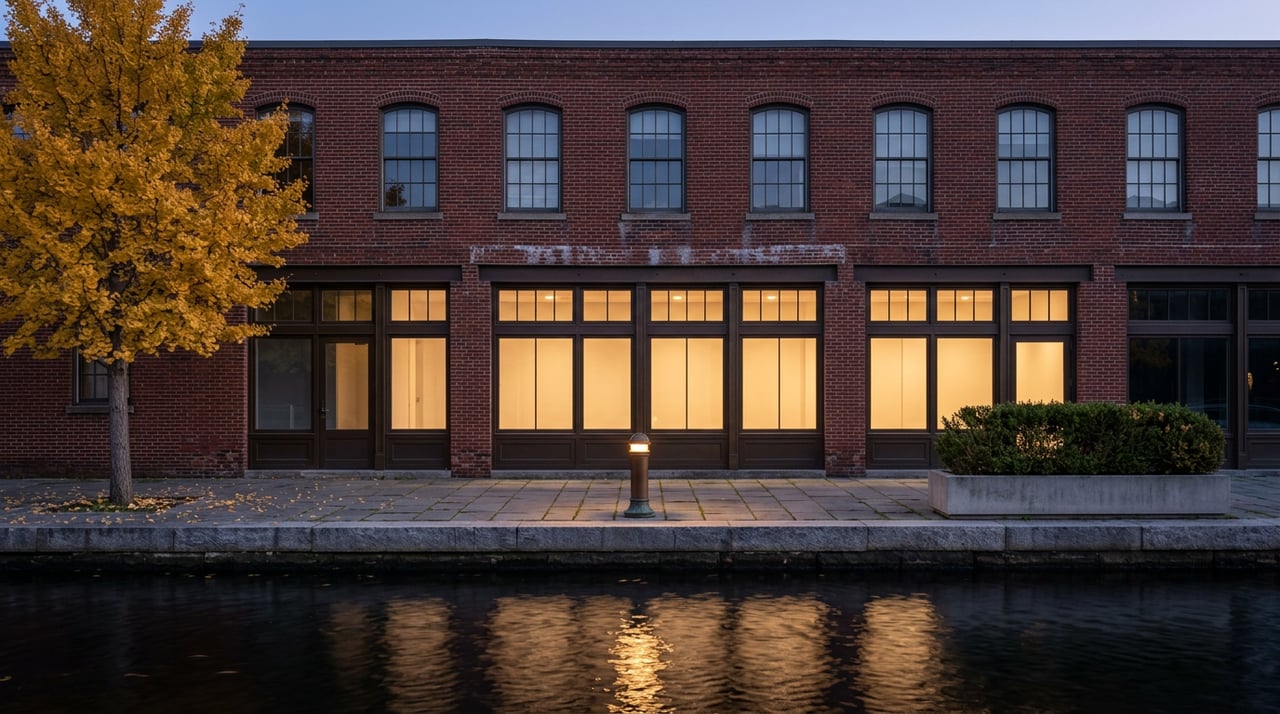Three-story brick riverfront building with glowing storefront windows, golden ginkgo tree, and warm reflections on dark water.