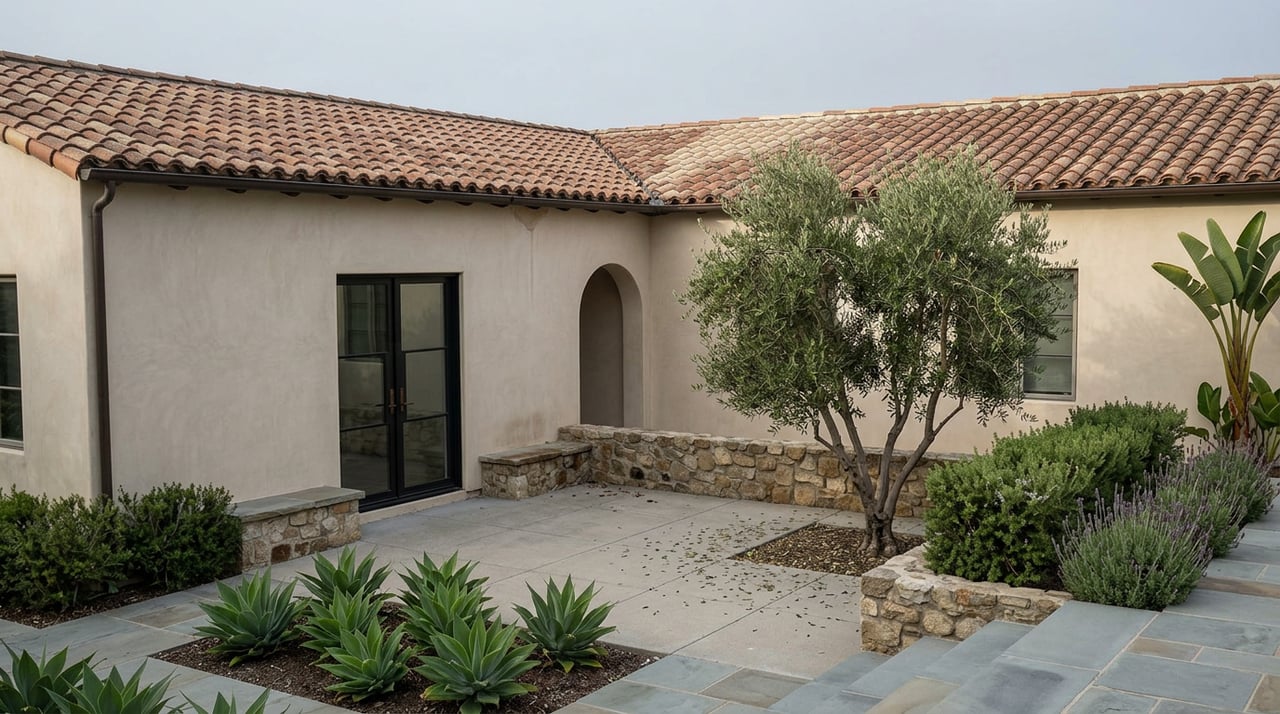 Mediterranean stucco residence with terracotta roof, arched opening, olive tree, stone wall, and agave planting.