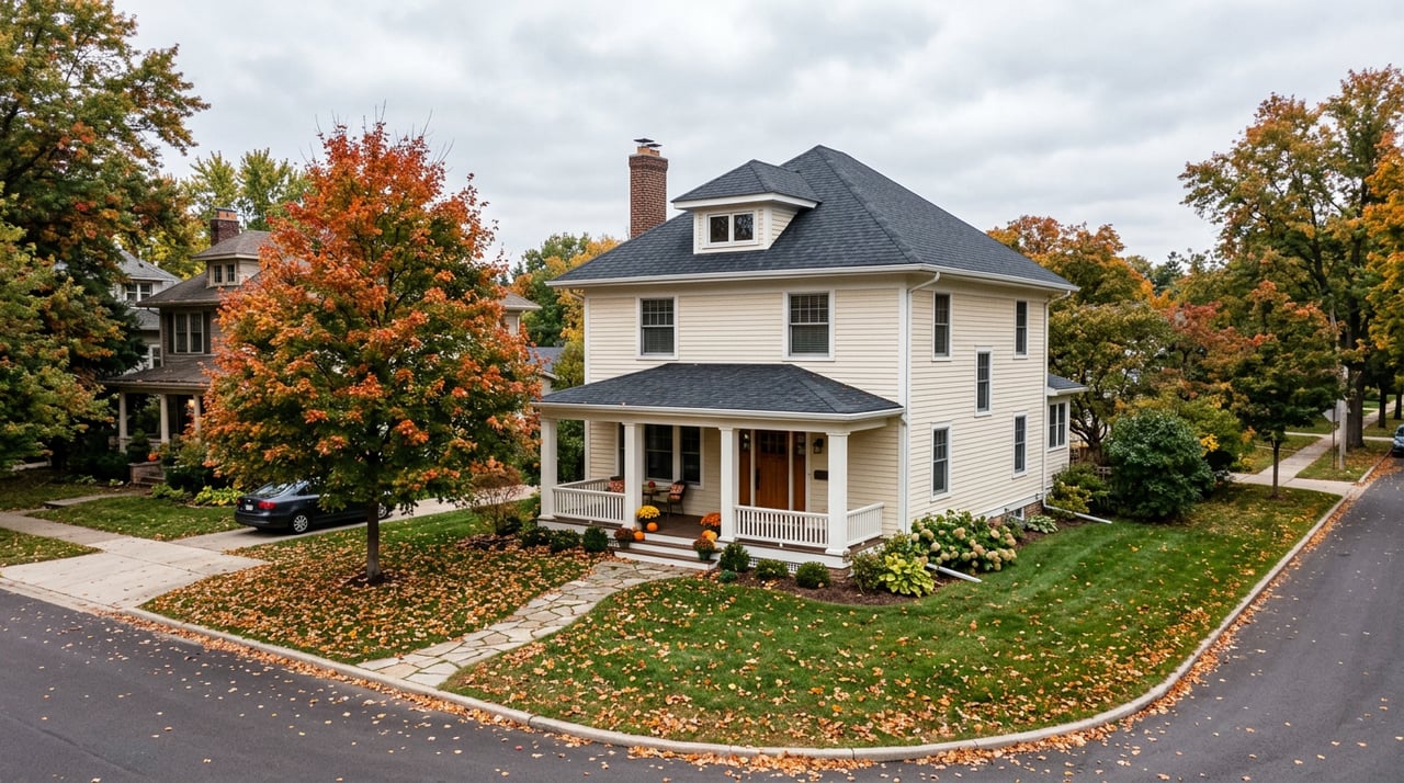 Sage-green two-story foursquare house with a full-width porch, beneath a spreading oak with fallen leaves.