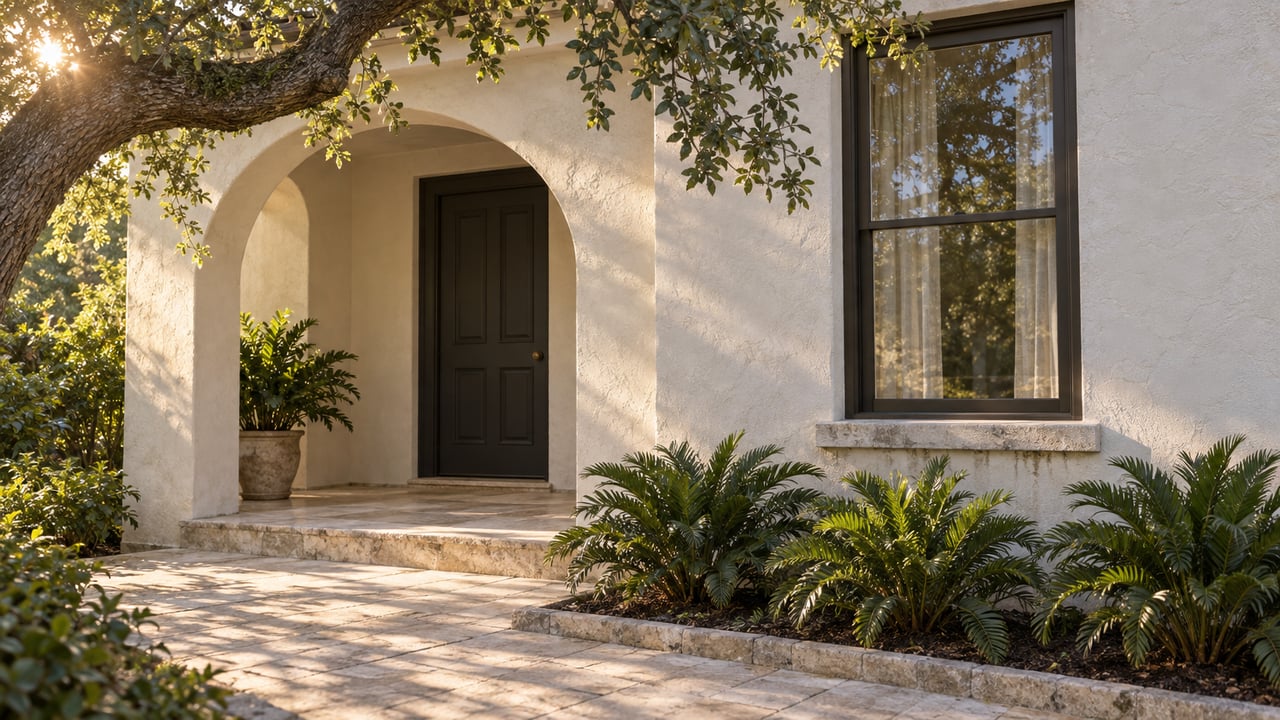Stucco porch arch framing a charcoal door beside a sash window, with oak foliage overhead and cycads by the pavers.
