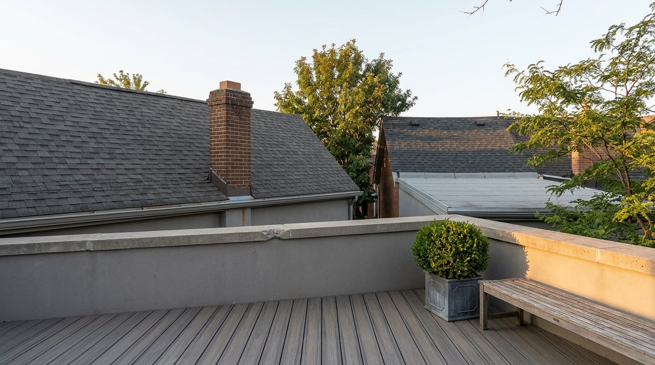 Rooftop terrace overlooks shingled roofs, a brick chimney, and leafy trees beyond its concrete parapet.
