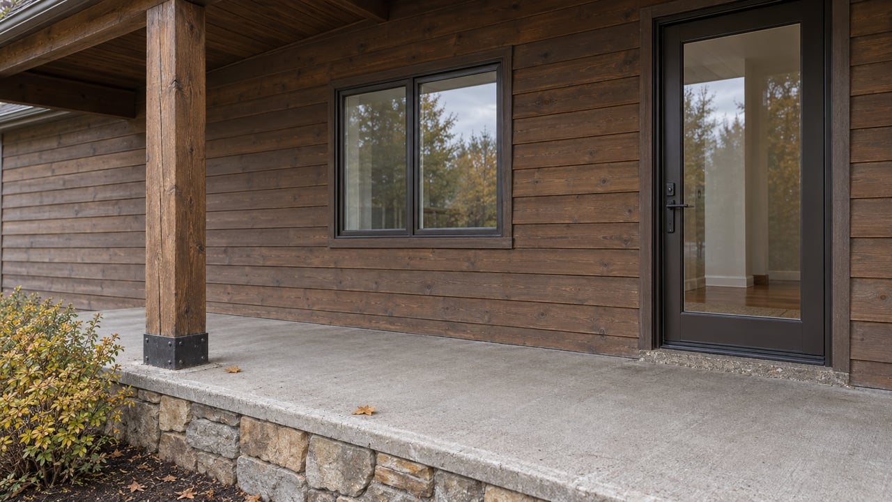 Covered porch with weathered timber, brown wood siding, a glazed entry door and a stone-faced concrete step.