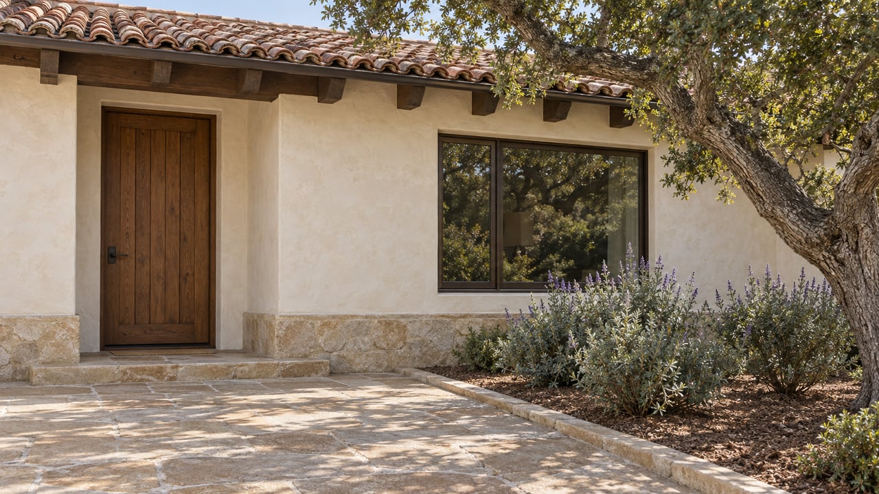 Warm plaster home with weathered clay roof tiles, an oak entry door and bronze-framed window beside a sandstone garden approach and mature oak.