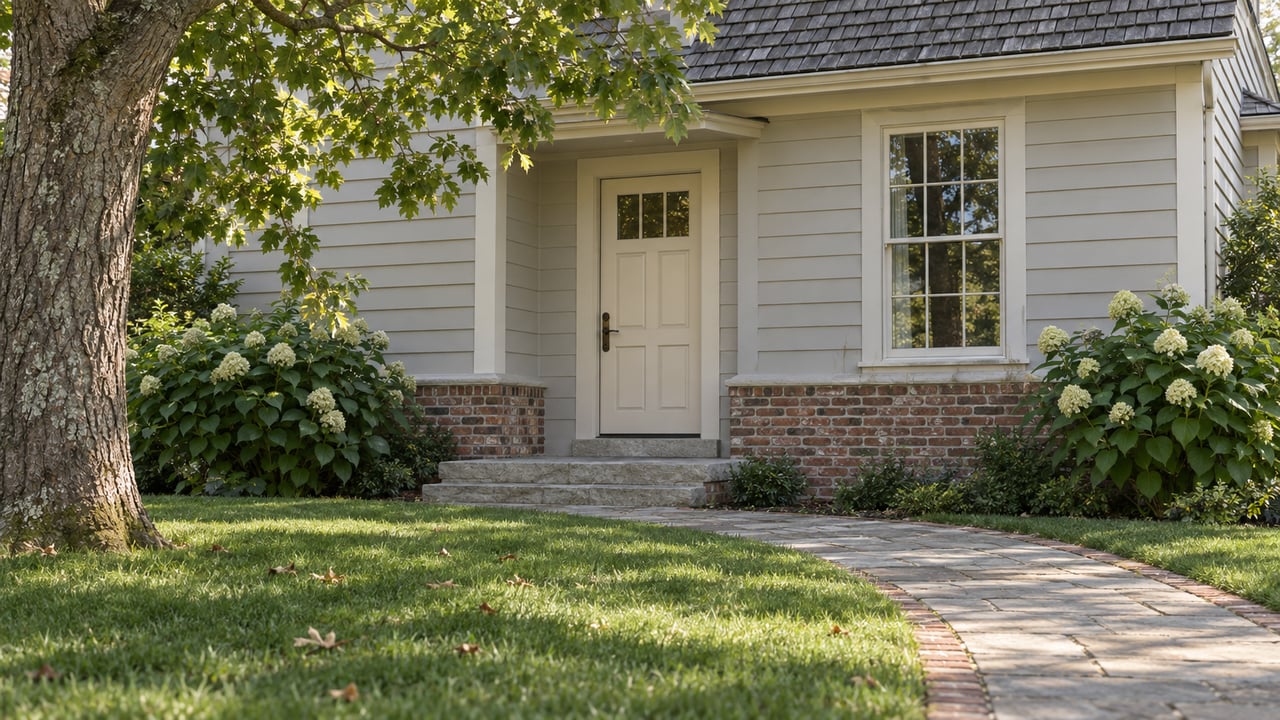 Pale-gray home entry with a cream door, divided-light window, brick base, and curving stone path beneath an oak.