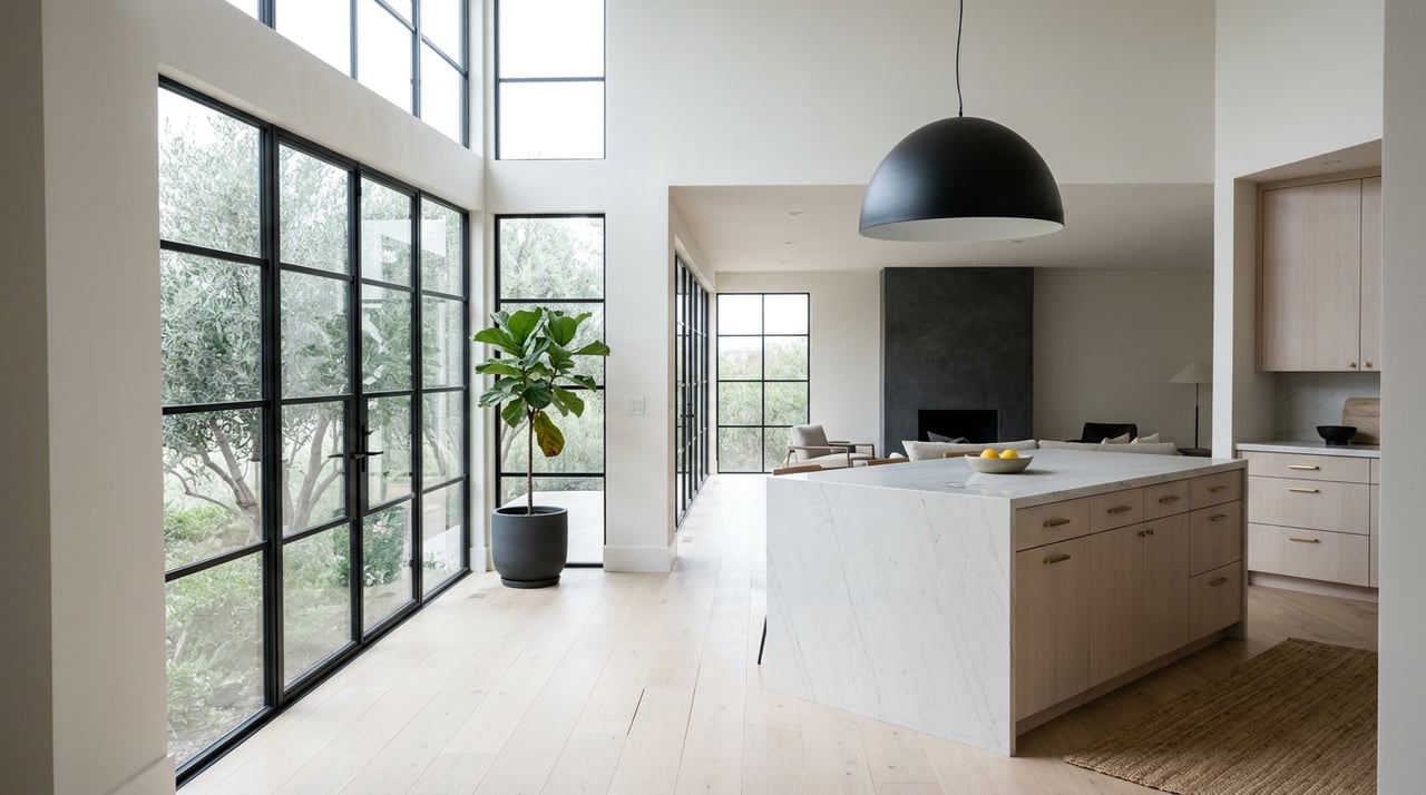 Open-plan kitchen with a pale stone island, black-grid windows, and a charcoal fireplace beside the living area.