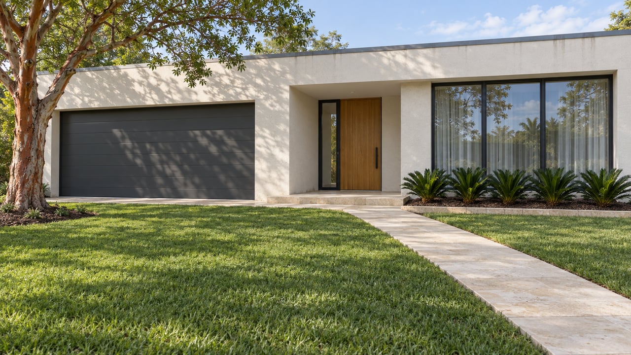 Single-story white stucco home with a deep green front lawn, limestone entry walk, dark-framed windows and a copper-barked specimen tree.