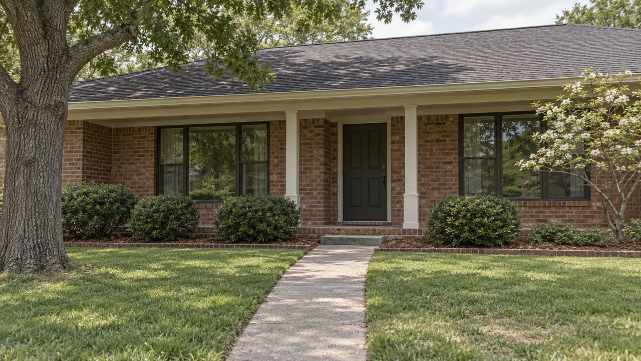 Brick suburban house with a recessed front door, narrow concrete walk, broad lawn, and mature oak.