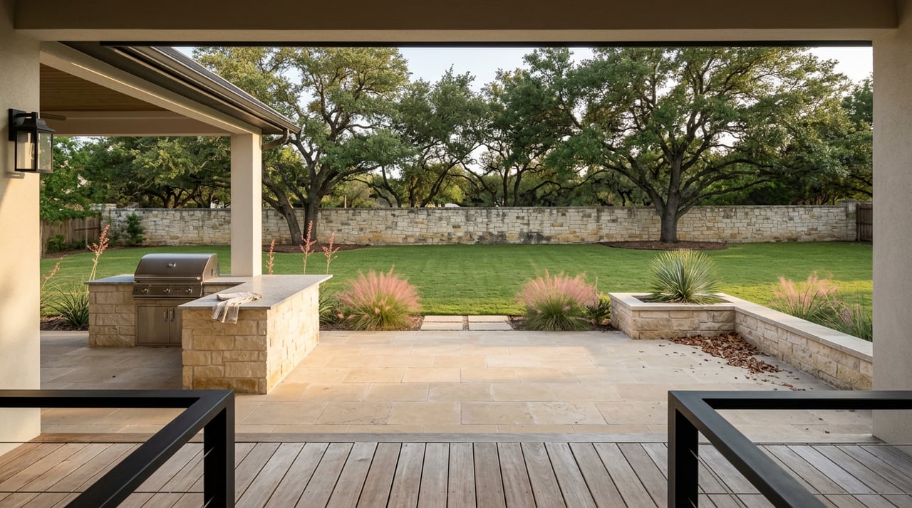 Stone terrace with an outdoor kitchen overlooks a broad lawn, limestone wall, and mature oak trees.