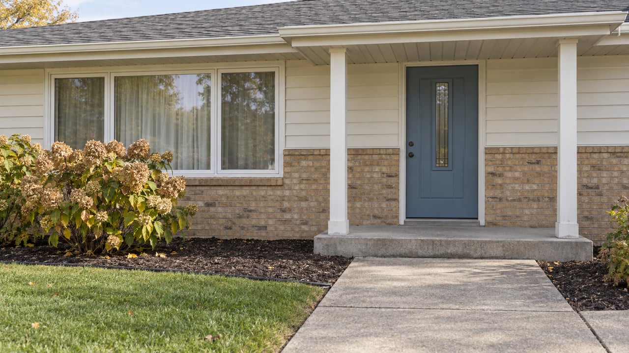 A modest brick-and-siding ranch entrance with a blue door, concrete front walk and autumn hydrangea.