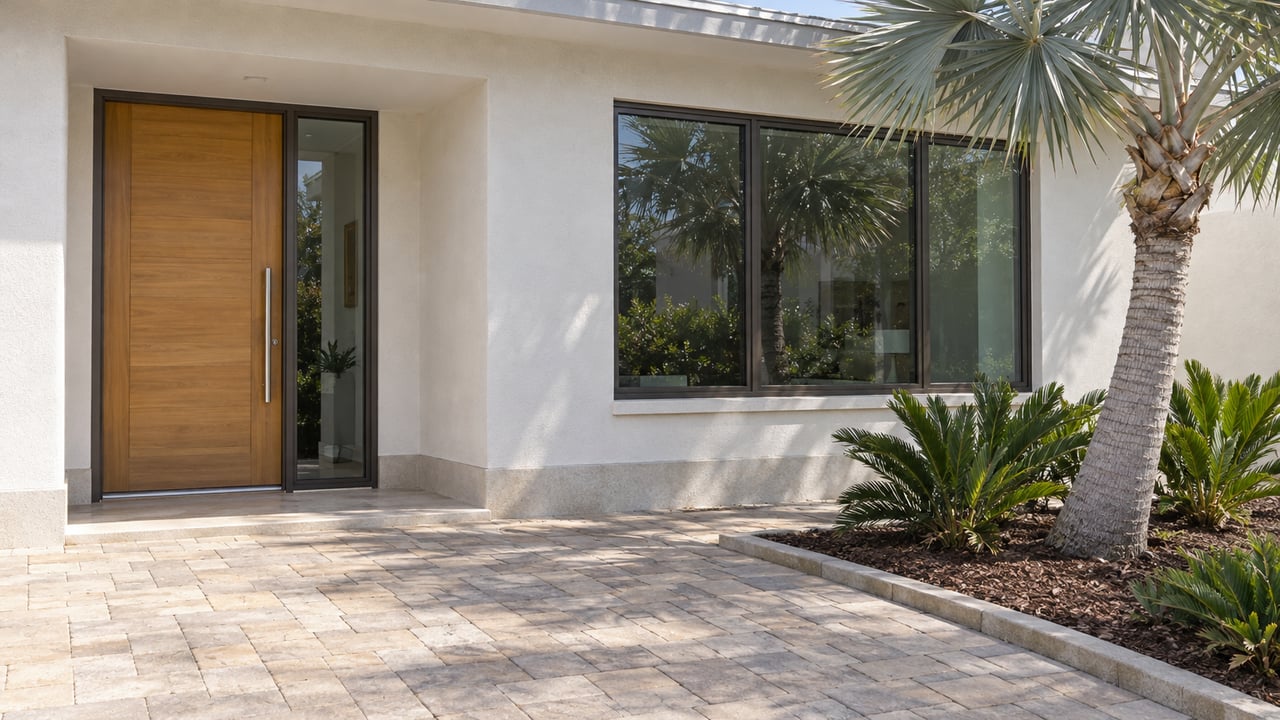 White stucco home entrance with a hardwood door, bronze-framed windows, pale pavers and a silver fan palm in a bordered planting bed.