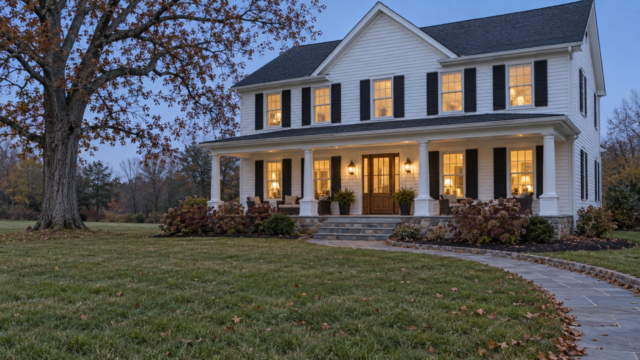 White clapboard home with a covered porch and warmly lit windows beyond a deep autumn lawn and curved stone walk at dusk.