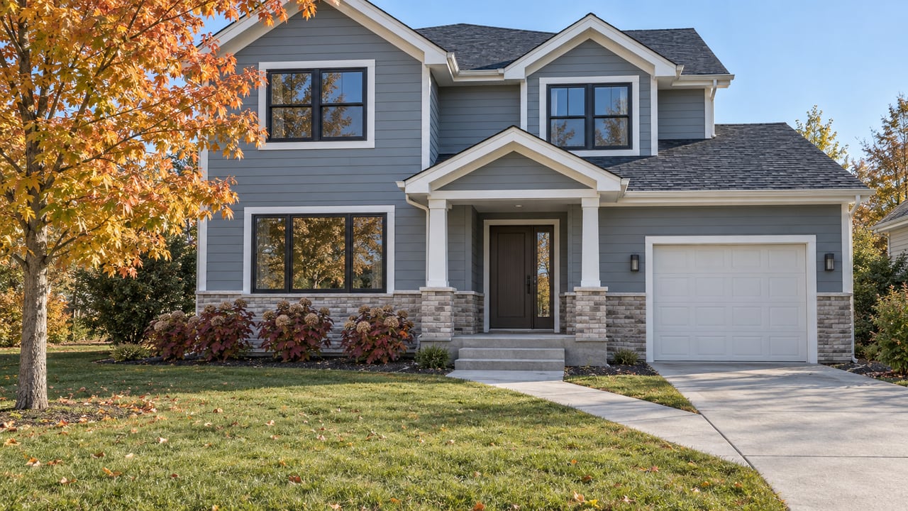 Gray two-story house with a stone-accented facade, white trim, and attached garage beneath autumn trees.