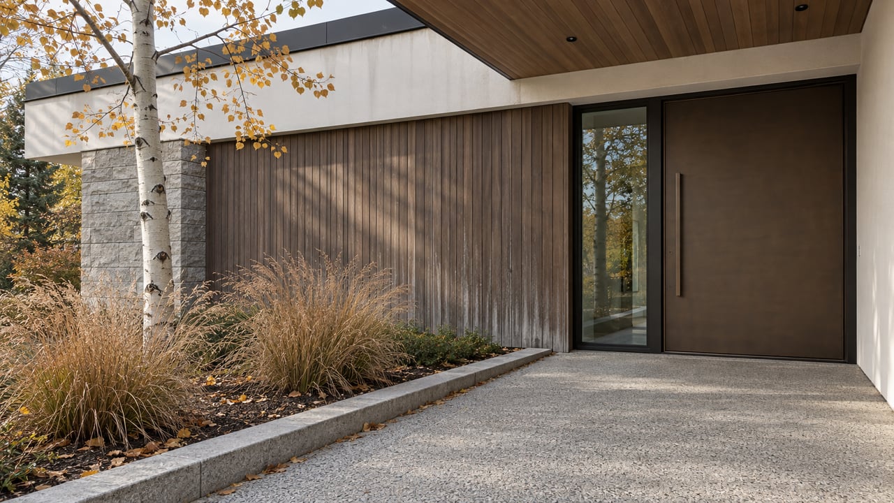 Contemporary covered entrance with silvering vertical wood, limestone, black-framed glazing and sparse autumn planting beside a concrete terrace.